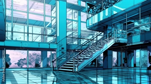Contemporary office building interior . Fantasy concept , Illustration painting.