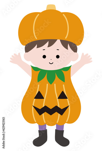 ハロウィンのカボチャの仮装をする子供のベクターイラストアイコン　　秋、10月、ハロウィーン