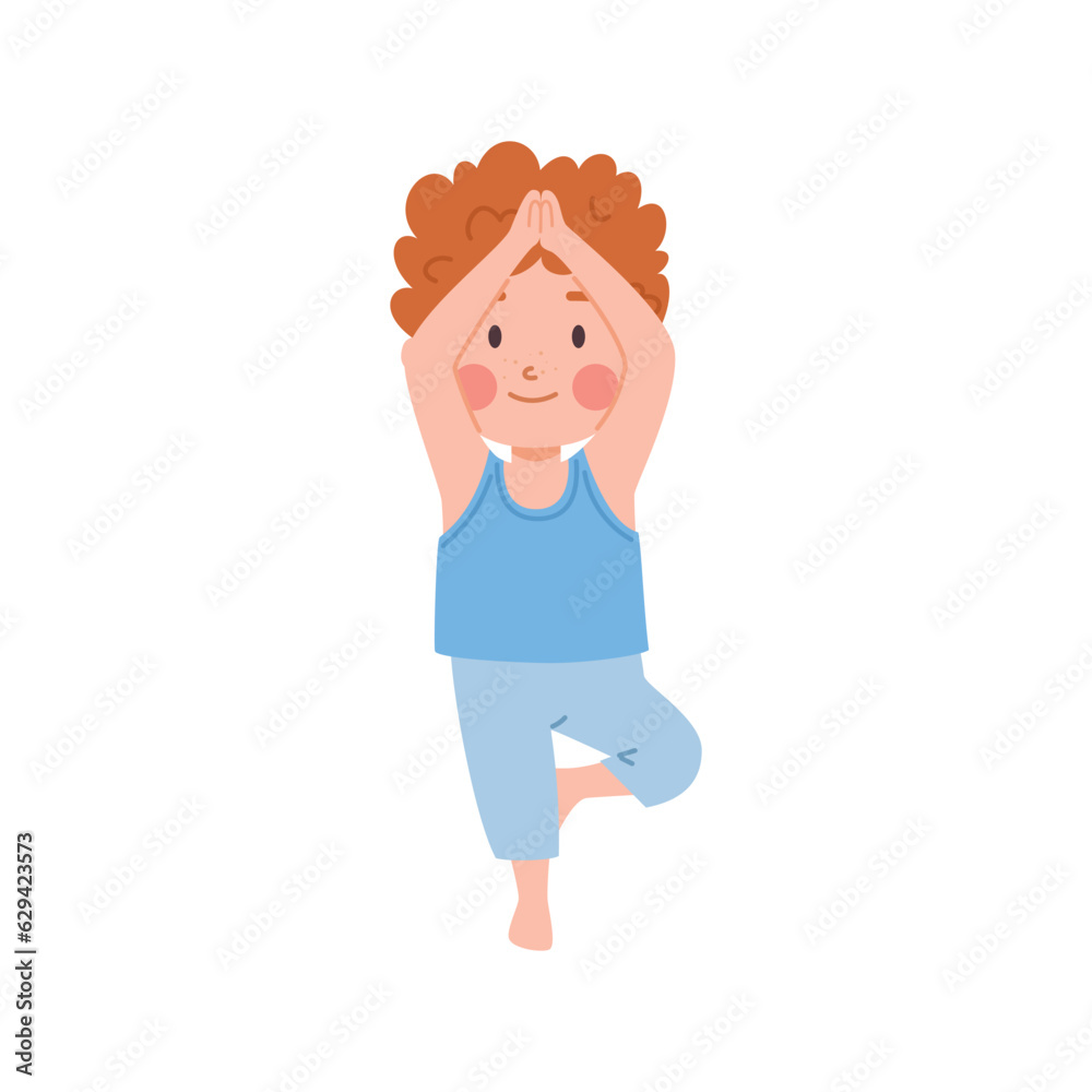 Cute ginger boy standing in yoga pose on one leg, hands on top, happy little kid doing yoga exercise vector illustration Cute ginger boy standing in yoga pose on one leg, hands on top, happy little kid doing yoga exercise vector illustration