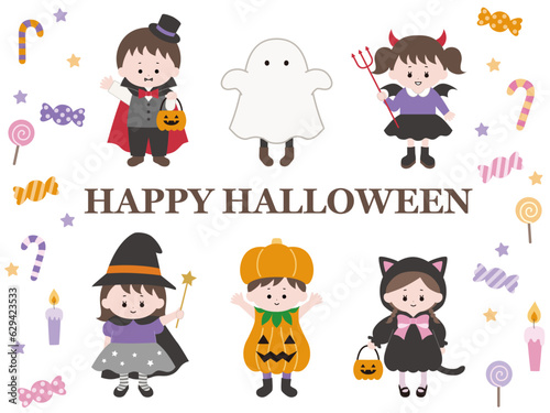 かわいいハロウィンの仮装の子供達とお菓子のベクターイラストセット　　秋、10月、アイコン、ハロウィーン