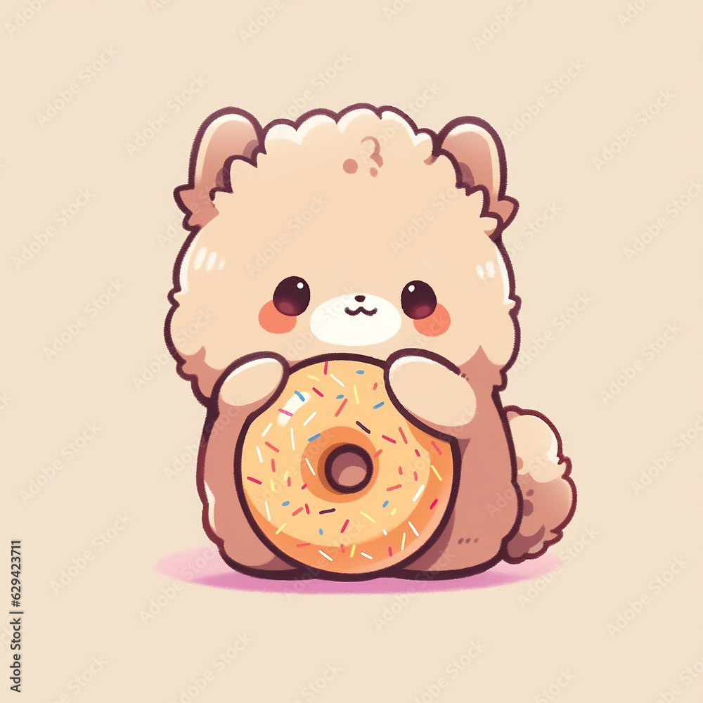 alpaca eat doughnut animal chibi cartoon style isolated plain background alpaca eat doughnut animal chibi cartoon style isolated plain background