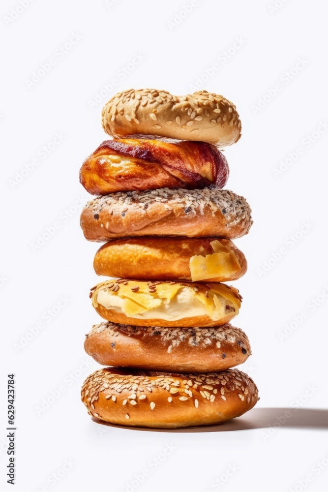 Bagels with sesame seeds on white background, top view Bagels with sesame seeds on white background, top view