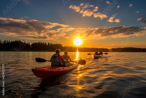 Sunset on the lake in the summer, the boys are kayaking © Dragan