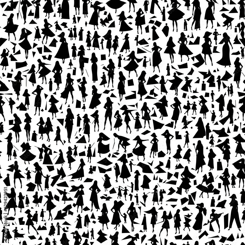 Black and white seamless pattern of human figures. AI generated.