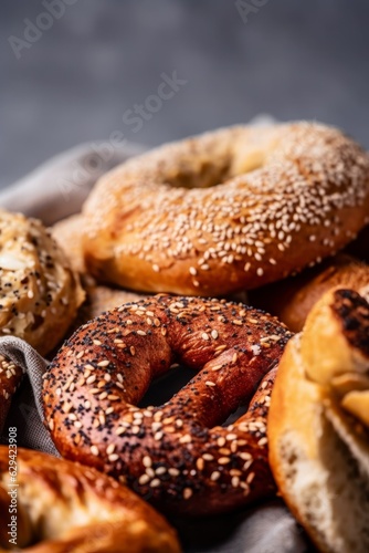 Bagels with sesame seeds, closeup view. Food background