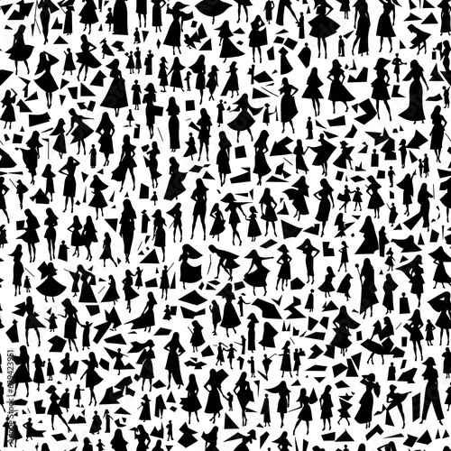 Black and white seamless pattern of human figures. AI generated. © homeworlds