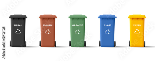 3d vector illustration icon set of recycle garbage bins in different colours with types of recycle materials