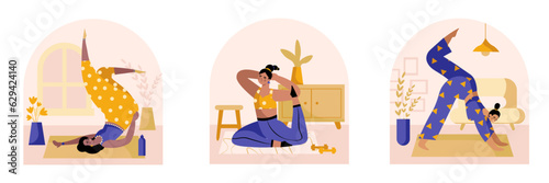 Active sporty ladies performing different exercises at home. Yoga at home. Morning training concept. Active life for young people. Vector flat illustration in purple and yellow colors in cartoon style