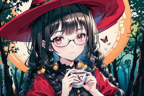 portrait of a woman witch 2D anime stype by generative AI photo