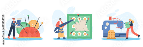Woman holding a spool of thread, seamstress making patch on fabric. Home sewing concept. Workplace of tailor sewing machine, rolls of thread, fabric. Flat vector illustration in cartoon style
