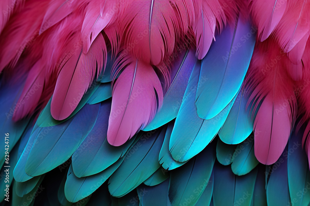 Fototapeta premium Colorful Feather Background Texture. Vibrant, Artistic Design with Exotic Wing Details – Ultra-Realistic and Elegant. Generative AI.