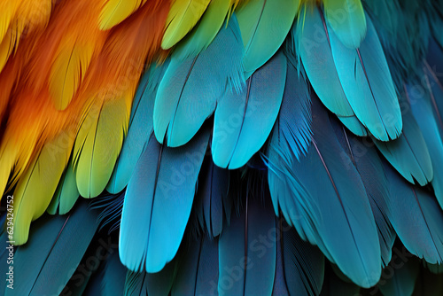 Colorful Feather Background Texture. Vibrant, Artistic Design with Exotic Wing Details – Ultra-Realistic and Elegant. Generative AI. © overlays-textures