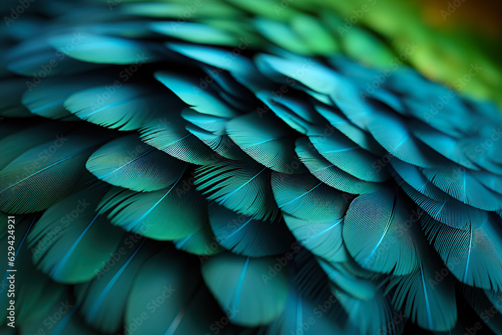 Fototapeta premium Colorful Feather Background Texture. Vibrant, Artistic Design with Exotic Wing Details – Ultra-Realistic and Elegant. Generative AI.