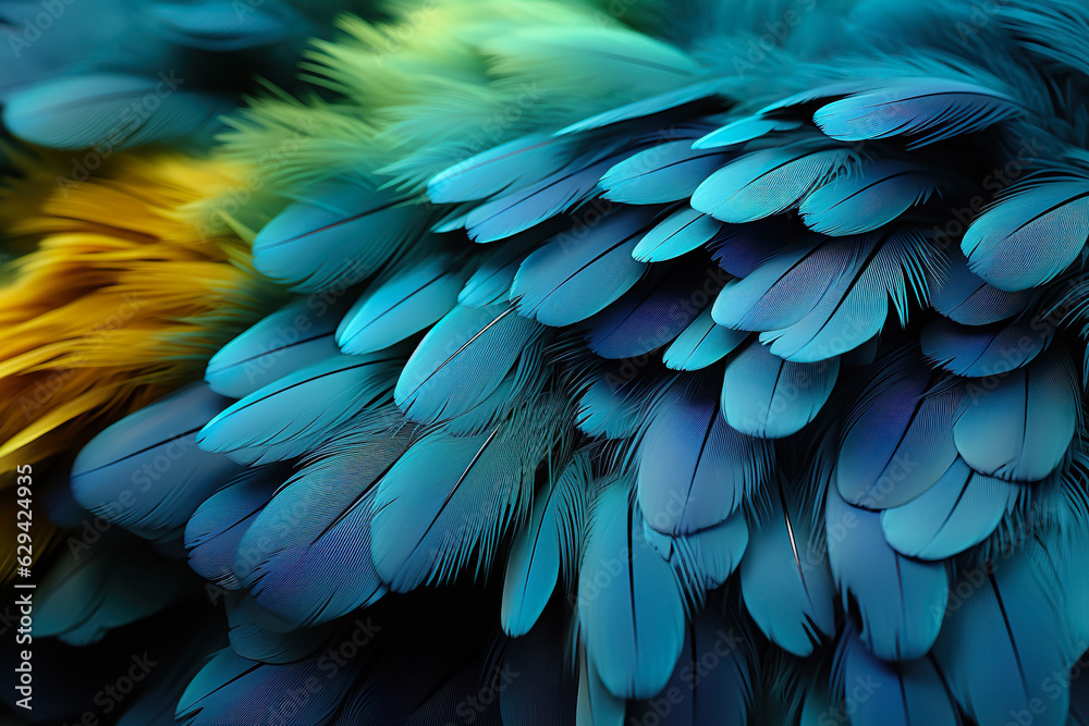 Fototapeta premium Colorful Feather Background Texture. Vibrant, Artistic Design with Exotic Wing Details – Ultra-Realistic and Elegant. Generative AI.