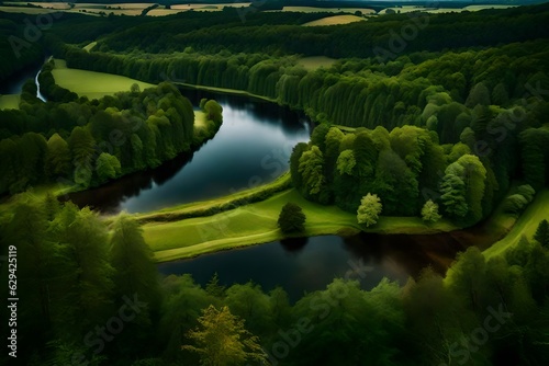 A tranquil river surrounded by dense forests under a moody, cloudy sky in Thuringia, Germany. The lush greenery embraces the riverbanks generative ai technology 