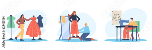 Woman selecting dress in salon. Seamstress sews on sewing machine. Trying on sewn clothes, tailoring, cutting to order. Choice of different dresses. Flat vector illustration in cartoon style
