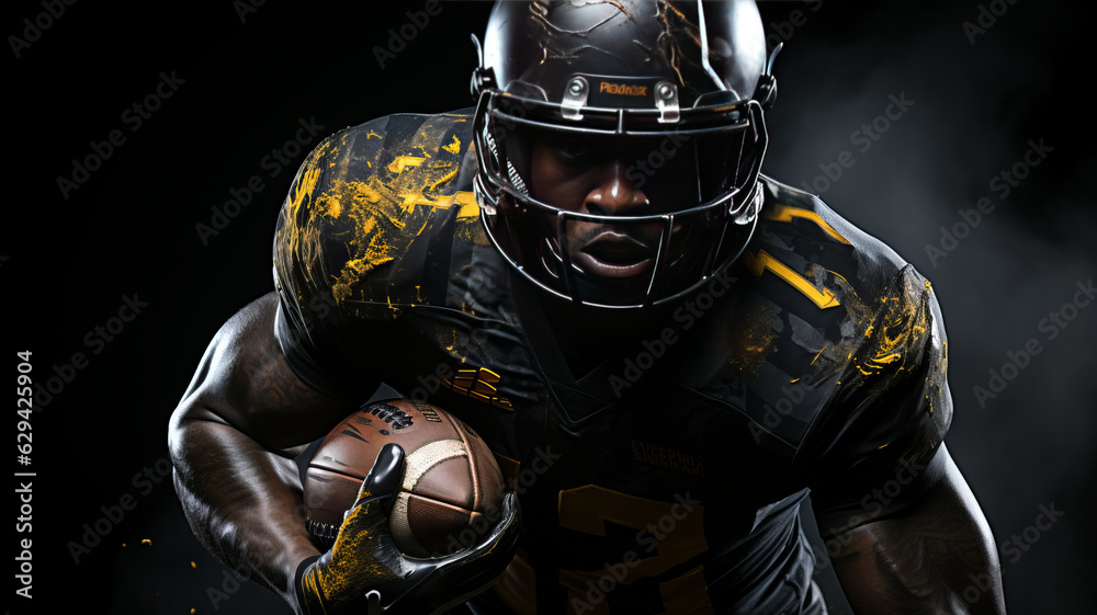 American football sportsman player runing on black background generative ai