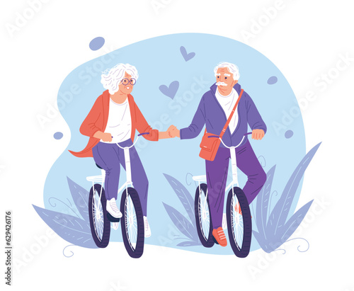 Cartoon grandparents riding a bike and holding hands, happily actively spend time together, vector poster on blue floral