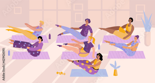 Different sporty females sitting on mat and performing yoga exercises together. Group workout for women of different ages. Fitness and sport for women. Flat vector illustration in cartoon style