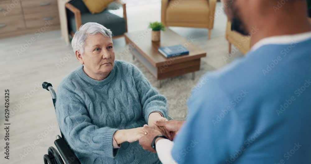 Wheelchair, support or old woman holding hands with nurse for gratitude or empathy for healthcare service. Love, trust or sick elderly patient with a disability in nursing consultation with caregiver Wheelchair, support or old woman holding hands with nurse for gratitude or empathy for healthcare service. Love, trust or sick elderly patient with a disability in nursing consultation with caregiver