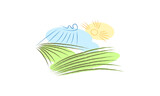 Fields, agriculture, Green grass, Organic farm, landscape, nature. Draw background, cartoon Vector illustration