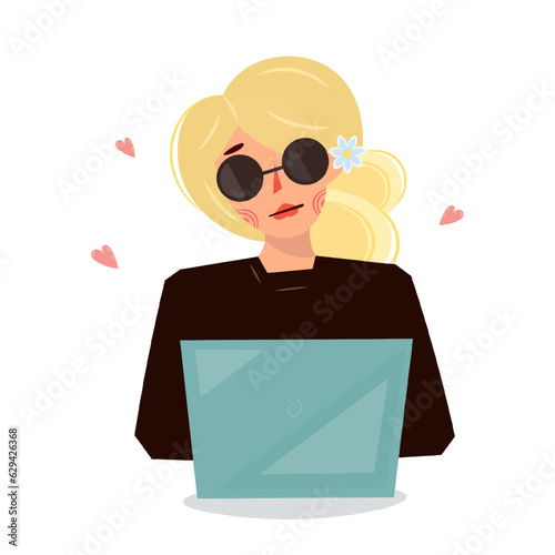 Young cartoon businesswoman. Beautiful girl in a working situation. Teaching, work, blonde secretary in glasses at the computer. Vector illustration of business women. Flat design.