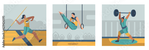 Set of different people on sport competitions. Young sporty girl participates in javelin throw competition. Man doing ring exercise. Woman lifting barbell. Flat vector illustration photo