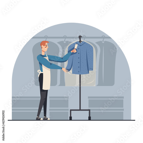 Adult male in apron standing near wardrobe with hanging clothes and checking tags. Clean dirty clothes. Flat vector illustration in cartoon style in gray colors