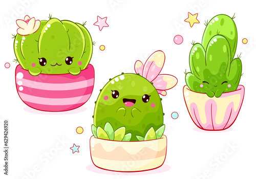 Set of stickers in kawaii style. Collection of cute cartoon cactus in flowerpot. Vector illustration EPS8  