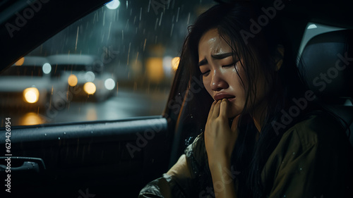 photograph of Asian woman is alone in car at the night. She is stressed and crying generative ai photo