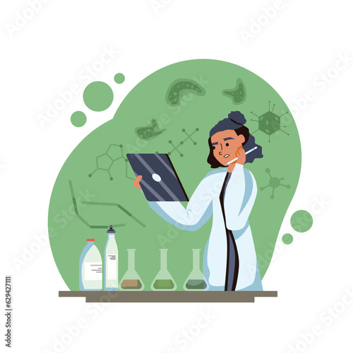 Young female holding tablet and looking at results. Study and testing of product in laboratory space. Analysis and testing in laboratory. Flat vector illustration in green colors