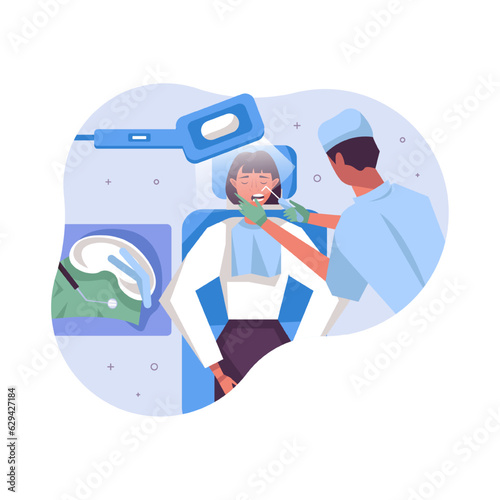 Patient lies on couch, male doctor in uniform and protective hat standing near and performs dental examination. Dental treatment in dental clinic concept. Flat vector illustration in cartoon style