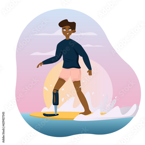 American young male floats on surfboard on sea at sunset. Active life for disabled person. Sports for people with disabilities. Flat vector illustration in cartoon style