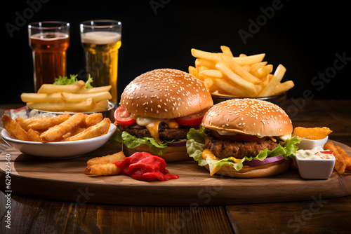 Tasty Burger and Fries on Dark Background
