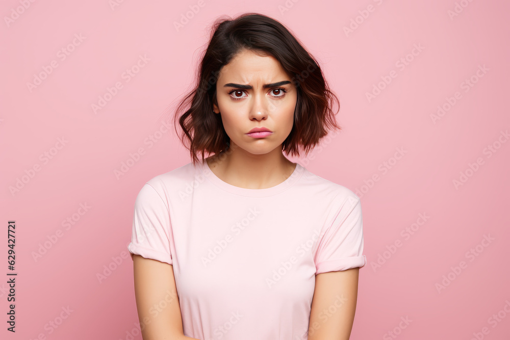 Obraz premium photograph of Photo of unhappy young woman bad mood irritated problem raise eyebrow isolated on pink color background