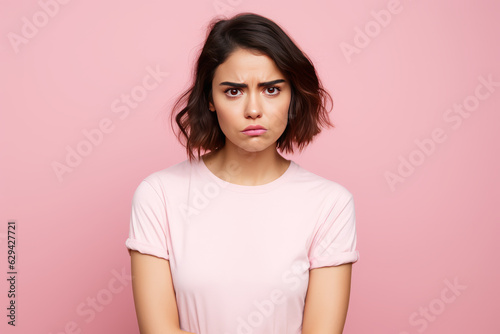 photograph of Photo of unhappy young woman bad mood irritated problem raise eyebrow isolated on pink color background photo