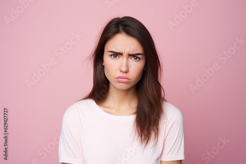 photograph of Photo of unhappy young woman bad mood irritated problem raise eyebrow isolated on pink color background photo