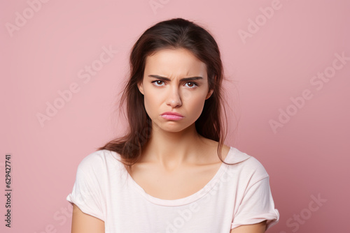 photograph of Photo of unhappy young woman bad mood irritated problem raise eyebrow isolated on pink color background