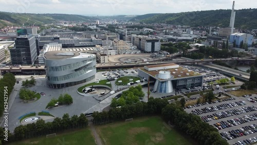4K Cinematic clip of the urban area and the industrial park of Mercedes Benz museum, headquarters, test track and Untertürkheim plant in Stuttgart