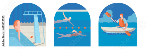 Set of young people in swimming pool. Woman in swimsuit performs jump. Swimmers swim at speed in pool. Male swims in kayak. Swimming sports concept. Flat vector illustration in cartoon style