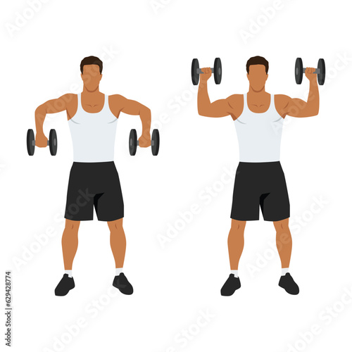 Man scarecrow arms elbow shoulder rotations with dumbbell. Flat vector illustration isolated on white background