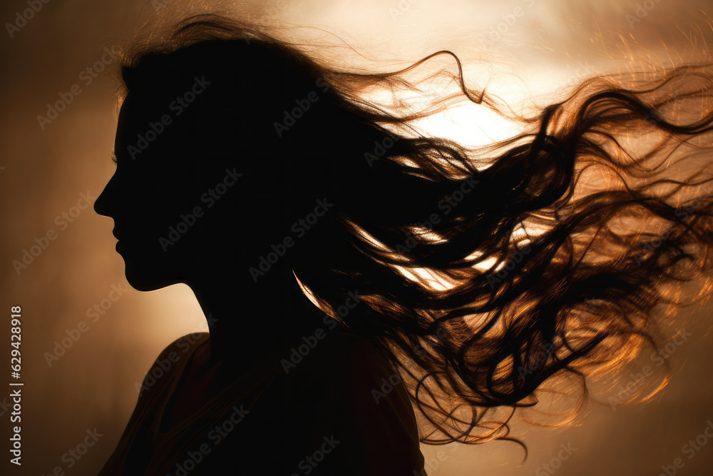 photograph of Silhouette of woman's head with waving hair, back light. generative ai