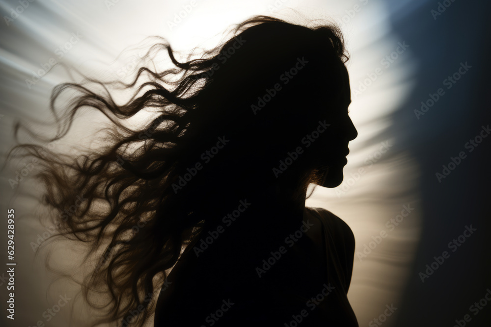 photograph of Silhouette of woman's head with waving hair, back light. generative ai