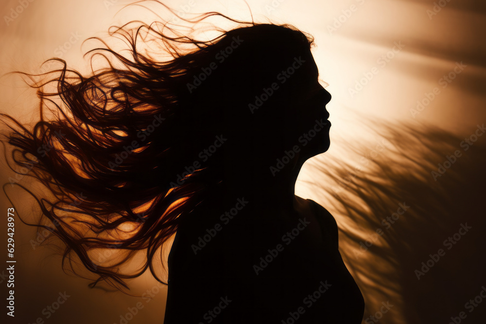 photograph of Silhouette of woman's head with waving hair, back light.generative ai