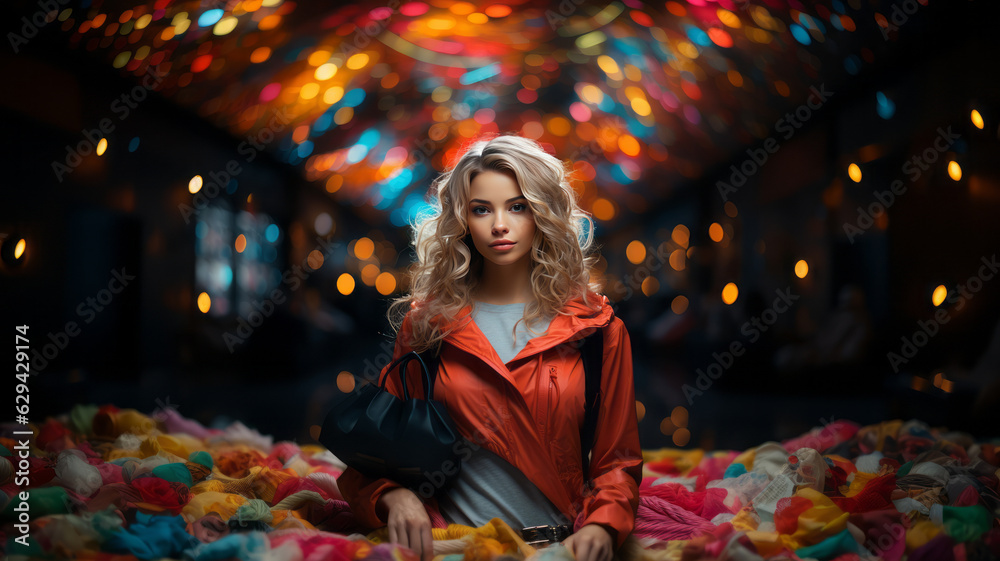 Portrait of young woman in neon light on dark backgound with shopping bags, black friday
