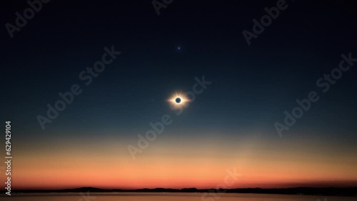 Solar eclipse totality moment as moon covers sun and earth darkens then light returns