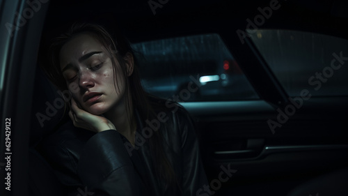 photograph of woman is alone in car at the night. She is stressed and crying, generative ai © JKLoma