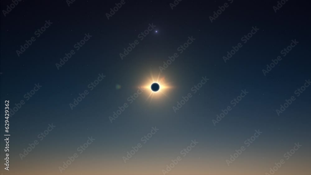 Super wide angle view of total solar eclipse moment and star beam flare of light on moon