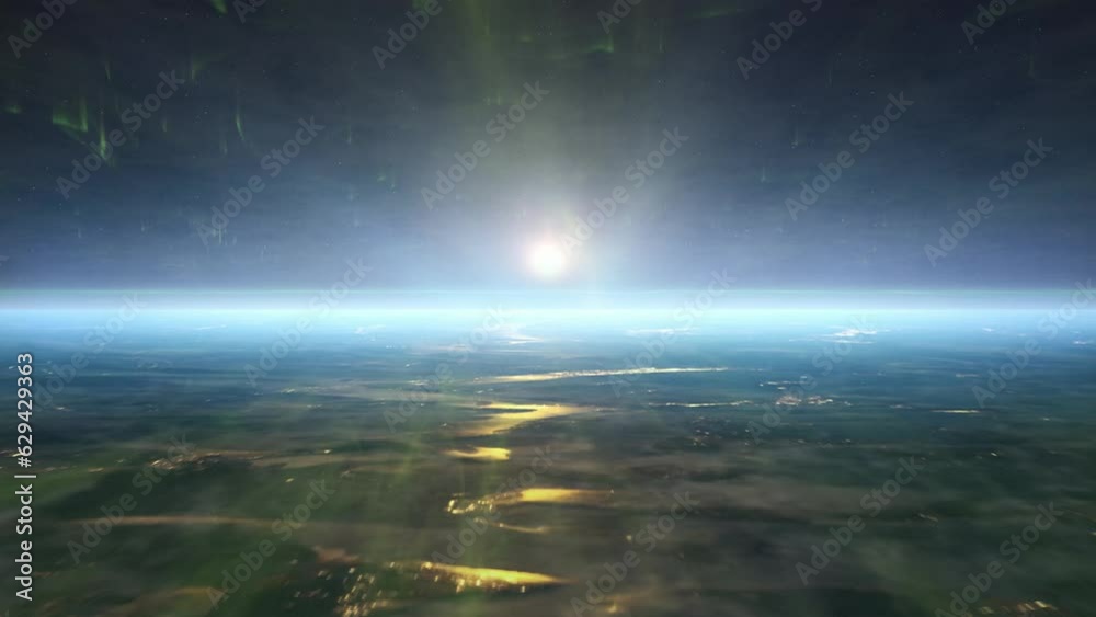 Glowing atmosphere of Planet Earth view from Space with Auroras. Seamless Loop