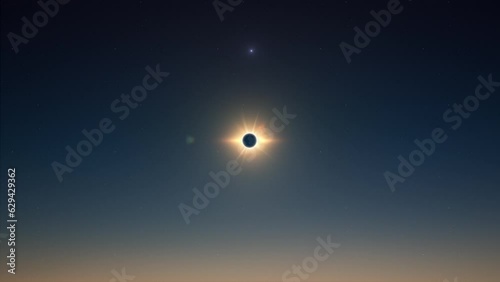Super wide angle view of total solar eclipse moment and star beam flare of light on moon